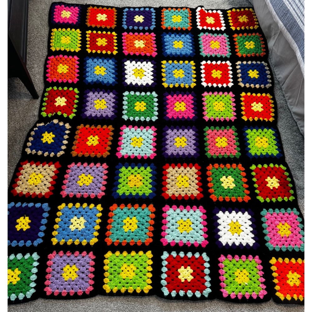 Vintage Handmade Granny Square Black Crochet Afghan 54" X 69" For Couch Roseanne